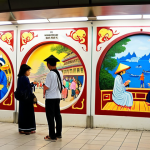 **Vibrant Vietnamese Metro Art:** A bustling, modern metro station in Hanoi, Vietnam, with a captivating mural adorning a large wall. The mural depicts iconic Vietnamese cultural elements like the serene Hoan Kiem Lake, bustling street vendors with their conical hats, and elegant figures in traditional Ao Dai. Passengers, a mix of locals and tourists, pause to admire the artwork, some taking photos, creating a moment of unexpected beauty and cultural immersion amidst their daily commute. The station's clean, contemporary design provides a stark yet complementary contrast to the rich, warm colors of the mural, with natural light filtering in.