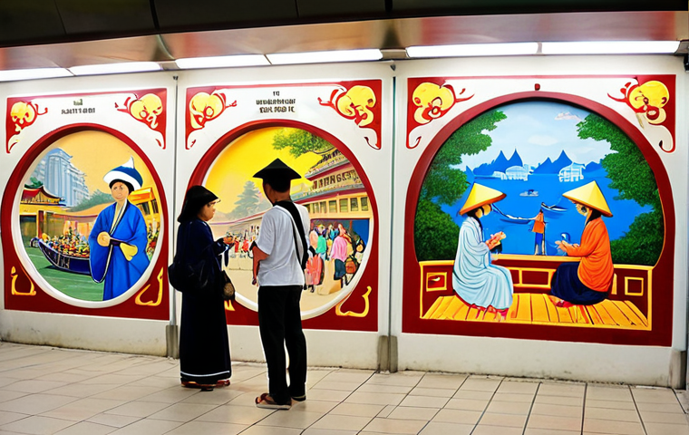 **Vibrant Vietnamese Metro Art:** A bustling, modern metro station in Hanoi, Vietnam, with a captivating mural adorning a large wall. The mural depicts iconic Vietnamese cultural elements like the serene Hoan Kiem Lake, bustling street vendors with their conical hats, and elegant figures in traditional Ao Dai. Passengers, a mix of locals and tourists, pause to admire the artwork, some taking photos, creating a moment of unexpected beauty and cultural immersion amidst their daily commute. The station's clean, contemporary design provides a stark yet complementary contrast to the rich, warm colors of the mural, with natural light filtering in.