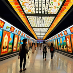 **Prompt 1: Vietnamese Metro Station as a Cultural Art Gallery**
    A grand, modern metro station interior in Vietnam, reimagined as a vibrant art gallery. The station walls and ceilings are adorned with large-scale digital art installations and traditional Vietnamese lacquer paintings, depicting mythical dragons, ancient folk tales, and peaceful rural landscapes with rice paddies and conical hats. Dynamic LED lighting subtly illuminates the artworks, creating an immersive experience. Passengers are seen walking through, pausing to admire the fusion of high-tech visuals and timeless cultural narratives. The architecture is sleek and contemporary, seamlessly blending with the rich, colorful art.