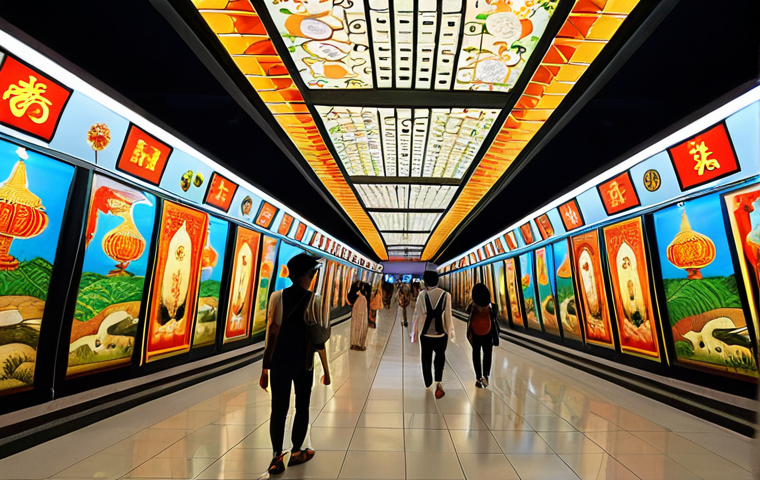 **Prompt 1: Vietnamese Metro Station as a Cultural Art Gallery**
    A grand, modern metro station interior in Vietnam, reimagined as a vibrant art gallery. The station walls and ceilings are adorned with large-scale digital art installations and traditional Vietnamese lacquer paintings, depicting mythical dragons, ancient folk tales, and peaceful rural landscapes with rice paddies and conical hats. Dynamic LED lighting subtly illuminates the artworks, creating an immersive experience. Passengers are seen walking through, pausing to admire the fusion of high-tech visuals and timeless cultural narratives. The architecture is sleek and contemporary, seamlessly blending with the rich, colorful art.
