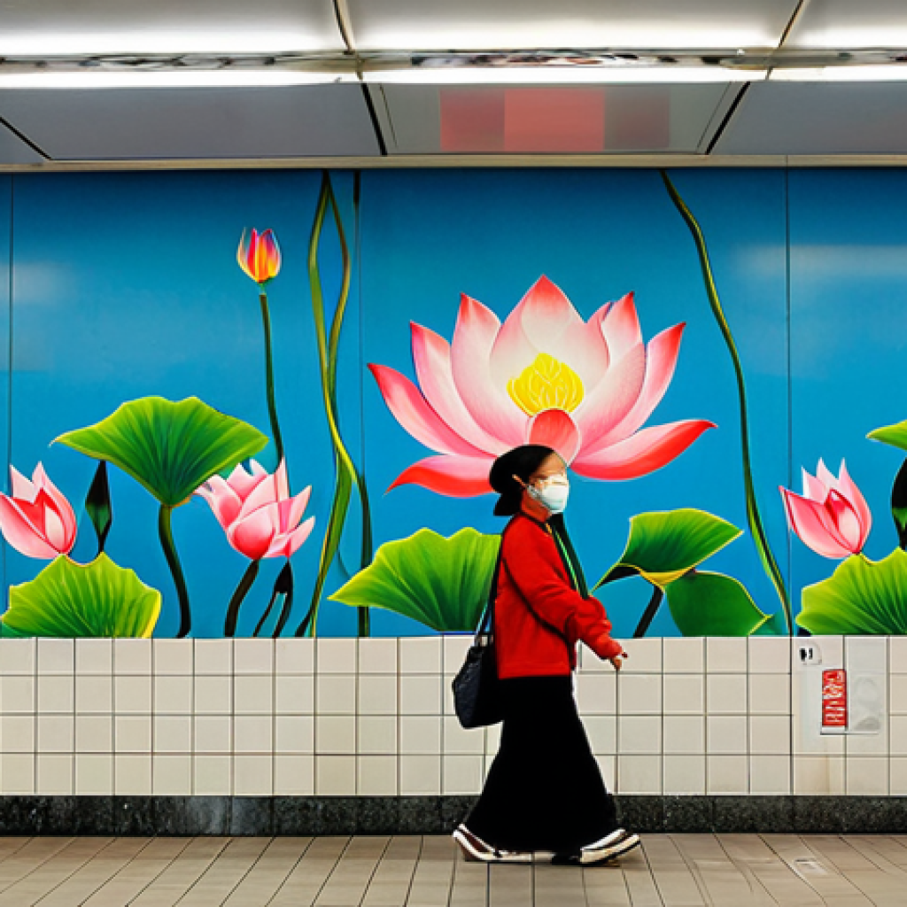 **

A vibrant and colorful mural inside a Hanoi metro station, showcasing Vietnamese cultural motifs like lotus flowers and traditional patterns. The mural should be interactive, perhaps with AR elements. Commuters are admiring the artwork. Safe for work, appropriate content, fully clothed, professional, modest. Perfect anatomy, correct proportions, natural pose.

**