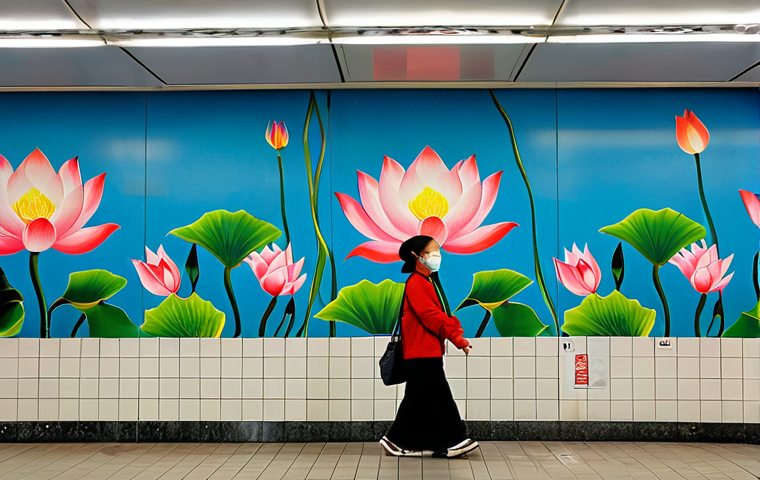 **

A vibrant and colorful mural inside a Hanoi metro station, showcasing Vietnamese cultural motifs like lotus flowers and traditional patterns. The mural should be interactive, perhaps with AR elements. Commuters are admiring the artwork. Safe for work, appropriate content, fully clothed, professional, modest. Perfect anatomy, correct proportions, natural pose.

**
