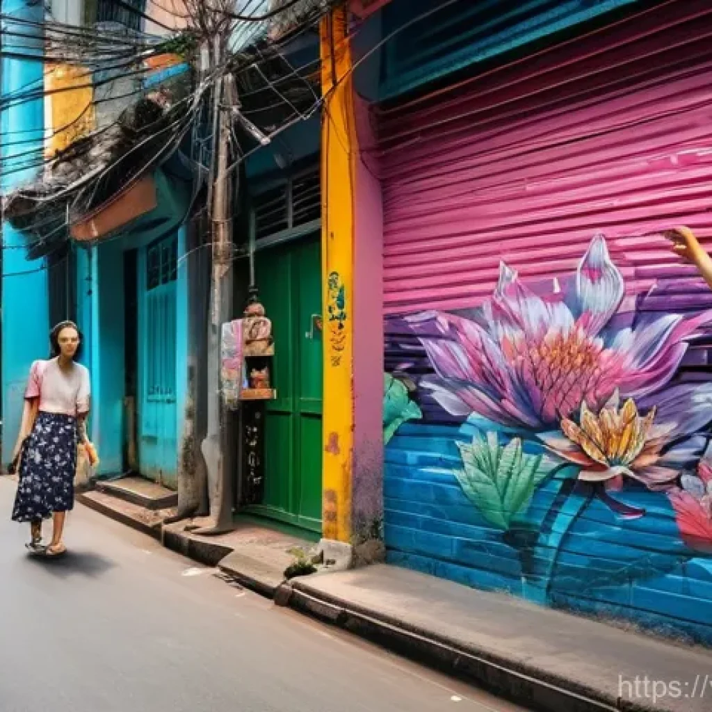 지하철 아트와 거리 예술 - **Prompt:** A dynamic and vibrant street art scene flourishing in a narrow, bustling alleyway in Ho ...