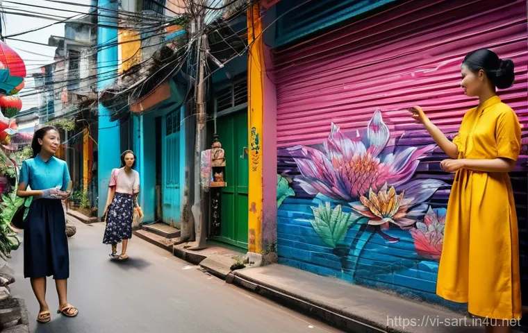 지하철 아트와 거리 예술 - **Prompt:** A dynamic and vibrant street art scene flourishing in a narrow, bustling alleyway in Ho ...