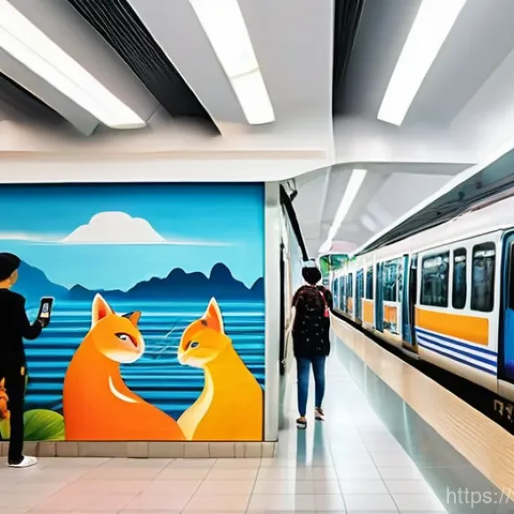 지하철 아트와 관람객 참여 - **Vibrant Hanoi Metro Mural:** A wide shot inside the modern Cat Linh - Ha Dong metro station in Han...