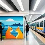 지하철 아트와 관람객 참여 - **Vibrant Hanoi Metro Mural:** A wide shot inside the modern Cat Linh - Ha Dong metro station in Han...