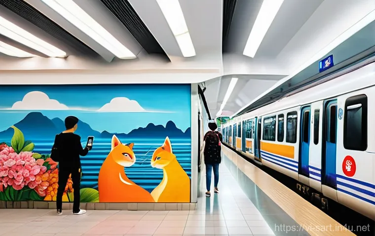지하철 아트와 관람객 참여 - **Vibrant Hanoi Metro Mural:** A wide shot inside the modern Cat Linh - Ha Dong metro station in Han...