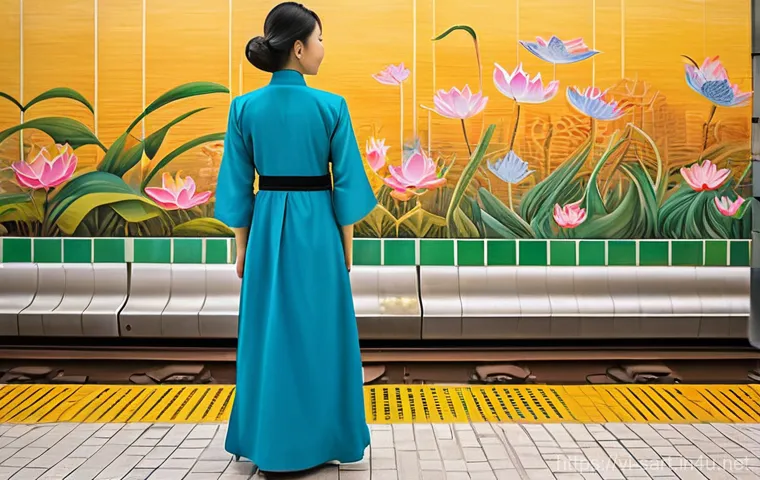 지하철 아트와 관람객 참여 - **Interactive Art at Ho Chi Minh City Metro:** A dynamic scene within a futuristic, brightly lit Ho ...