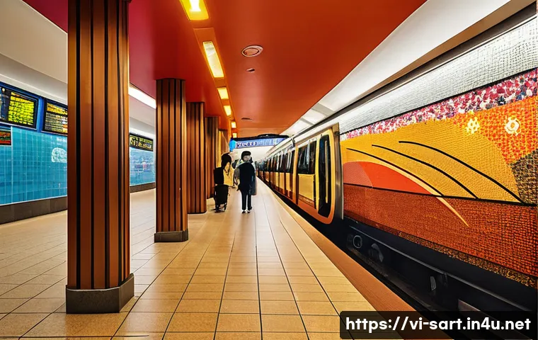 지하철 아트와 색채의 의미 - A vibrant metro station interior in Ho Chi Minh City featuring traditional Vietnamese mosaic wall ar...
