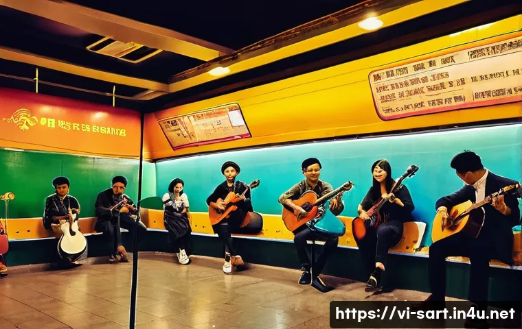 지하철 예술 문화 행사 - A vibrant underground metro station scene in Hanoi, Vietnam, featuring a diverse group of young indi...