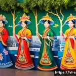 지하철 아트 공공미술의 정의 - A vibrant mural inside a bustling Ho Chi Minh City metro station, depicting traditional Vietnamese f...