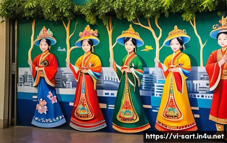 지하철 아트 공공미술의 정의 - A vibrant mural inside a bustling Ho Chi Minh City metro station, depicting traditional Vietnamese f...