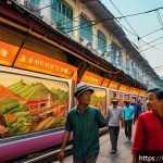 지하철 아트와 커뮤니케이션 - A vibrant metro station mural in Ho Chi Minh City depicting urban life and historical elements, feat...