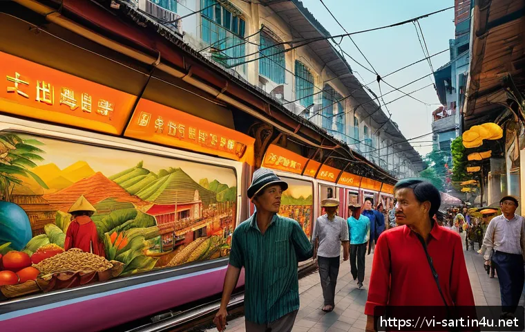 지하철 아트와 커뮤니케이션 - A vibrant metro station mural in Ho Chi Minh City depicting urban life and historical elements, feat...