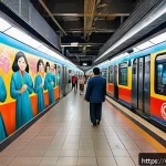 지하철 아트와 시민 참여 - A vibrant mural inside a Ho Chi Minh City metro station illustrating local culture and history, feat...