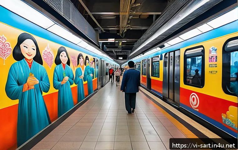 지하철 아트와 시민 참여 - A vibrant mural inside a Ho Chi Minh City metro station illustrating local culture and history, feat...